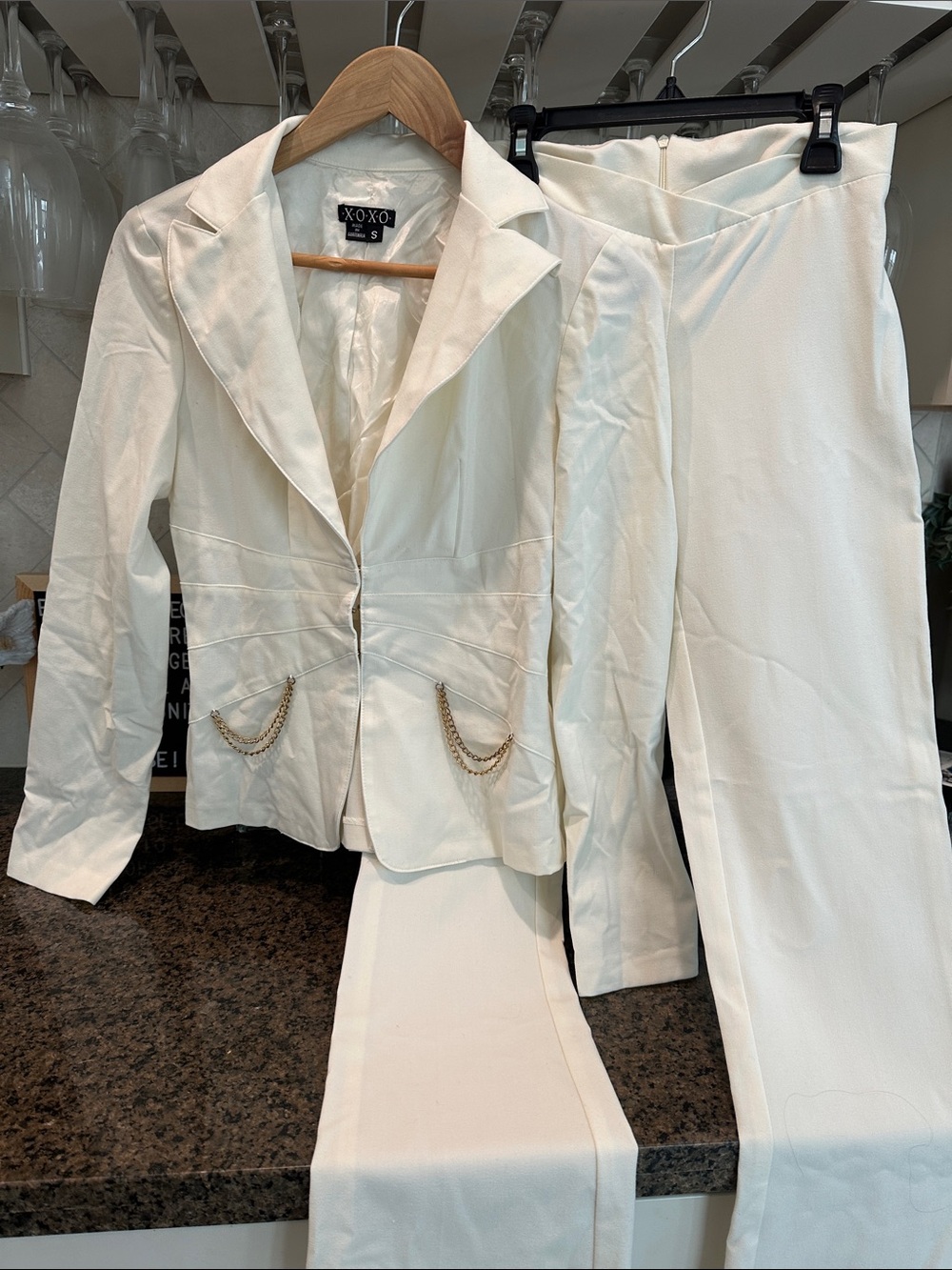 XOXO Cream Two-Piece Blazer and Pants Set with Gold Chain Detail